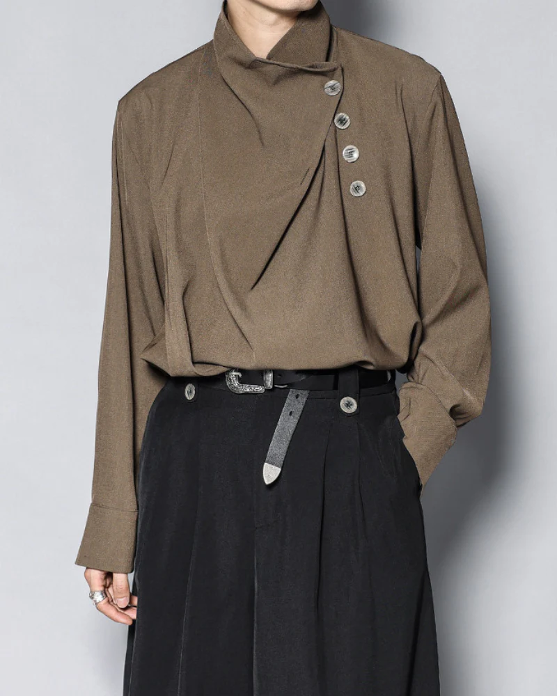 Modern Japanese Half-Stand Draped Collar Long-Sleeve Shirt - Image 7
