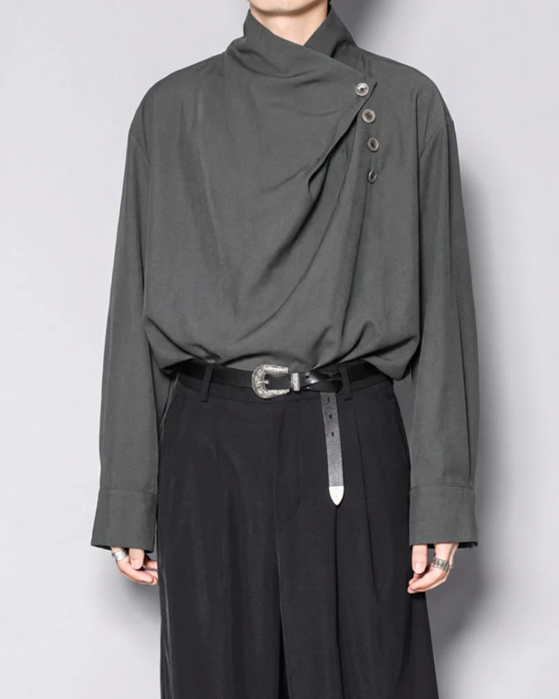 Modern Japanese Half-Stand Draped Collar Long-Sleeve Shirt - Image 9
