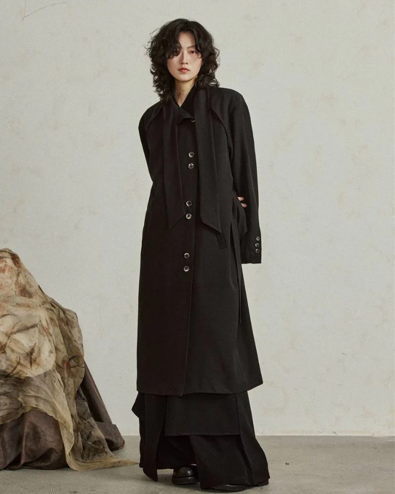 Modern Japanese Style Scarf Collar Long Coat - Image 4