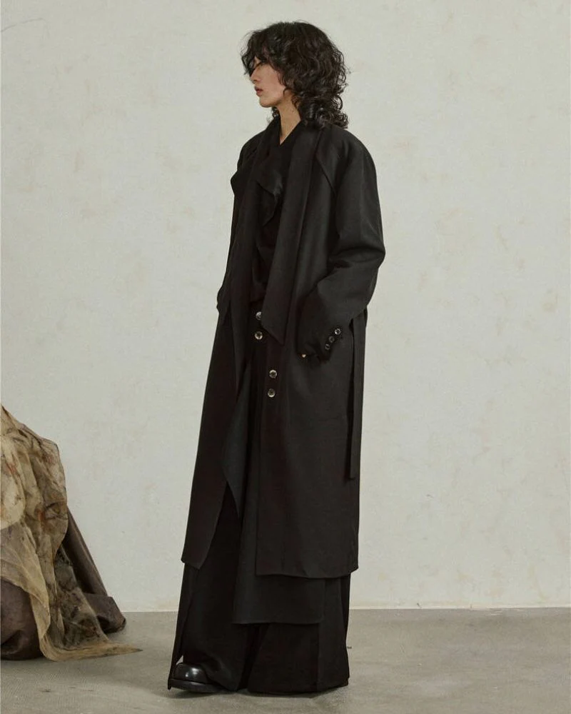 Modern Japanese Style Scarf Collar Long Coat - Image 5