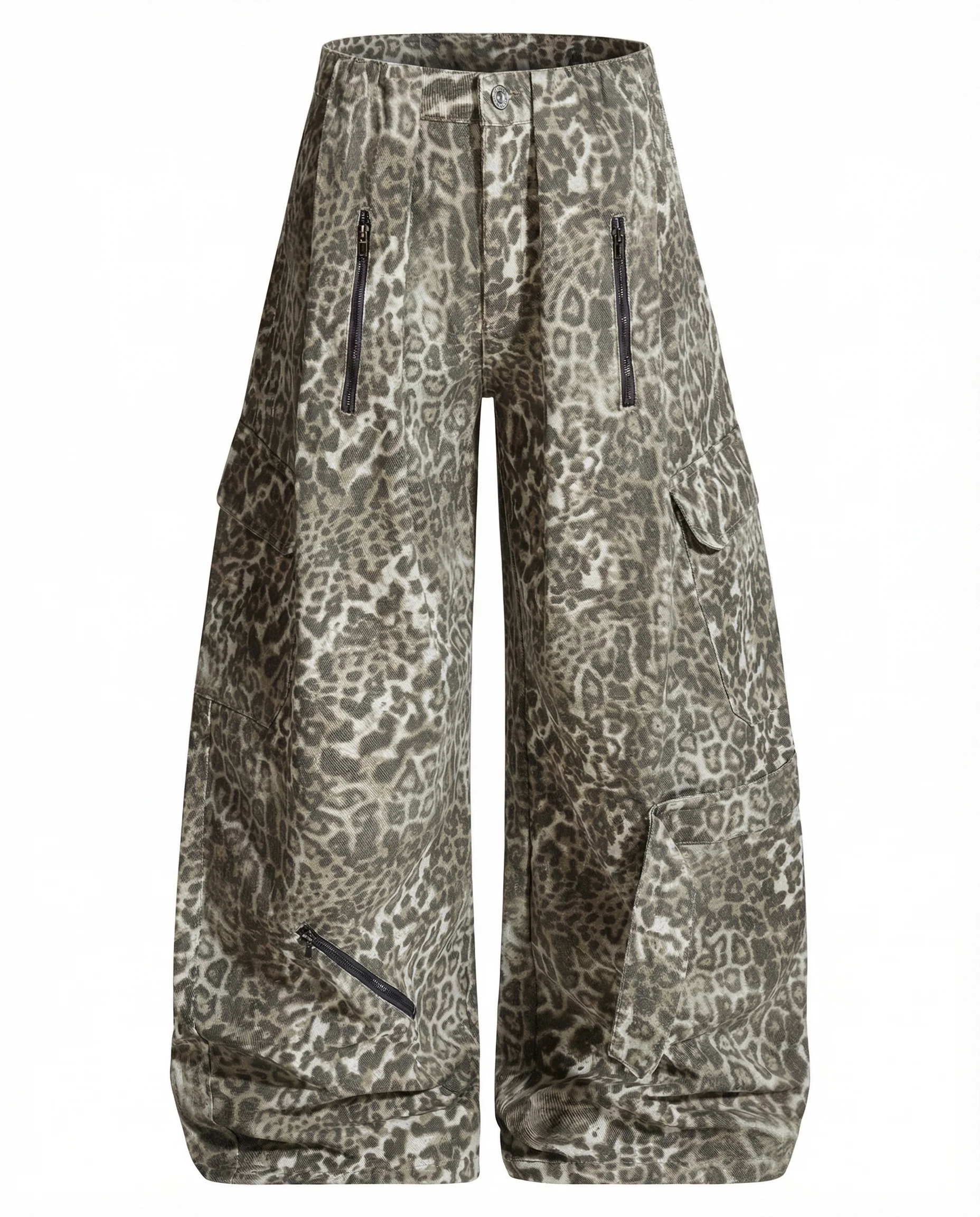 Multi Pockets Zip Leopard Unisex Baggy Cargo Jeans - Image 2