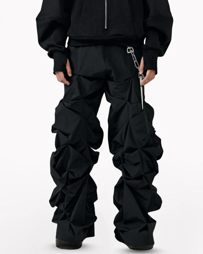 Opium Style 3D Sculpted Pleated Black Wide-Leg Pants