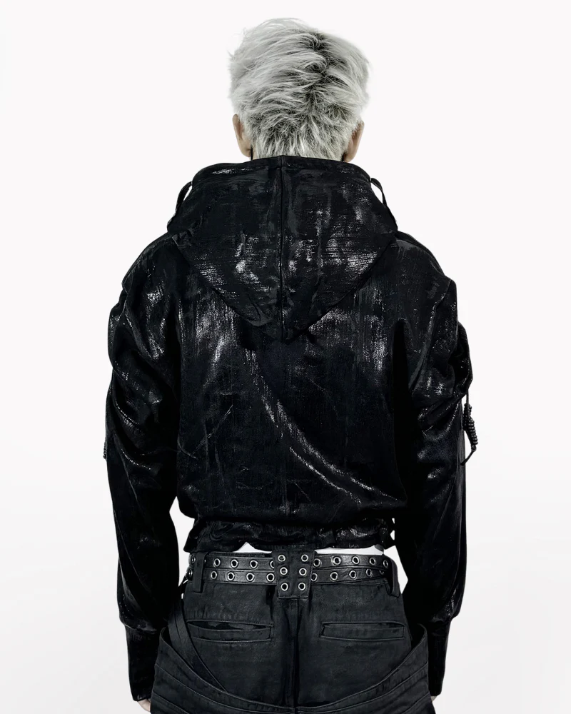 Opium Style Dark Waxed Metal–Effect Hooded Jacket - Image 4