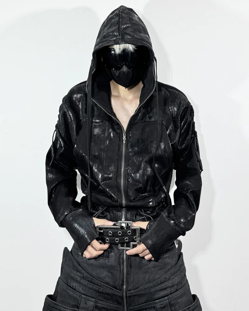 Opium Style Dark Waxed Metal–Effect Hooded Jacket - Image 7