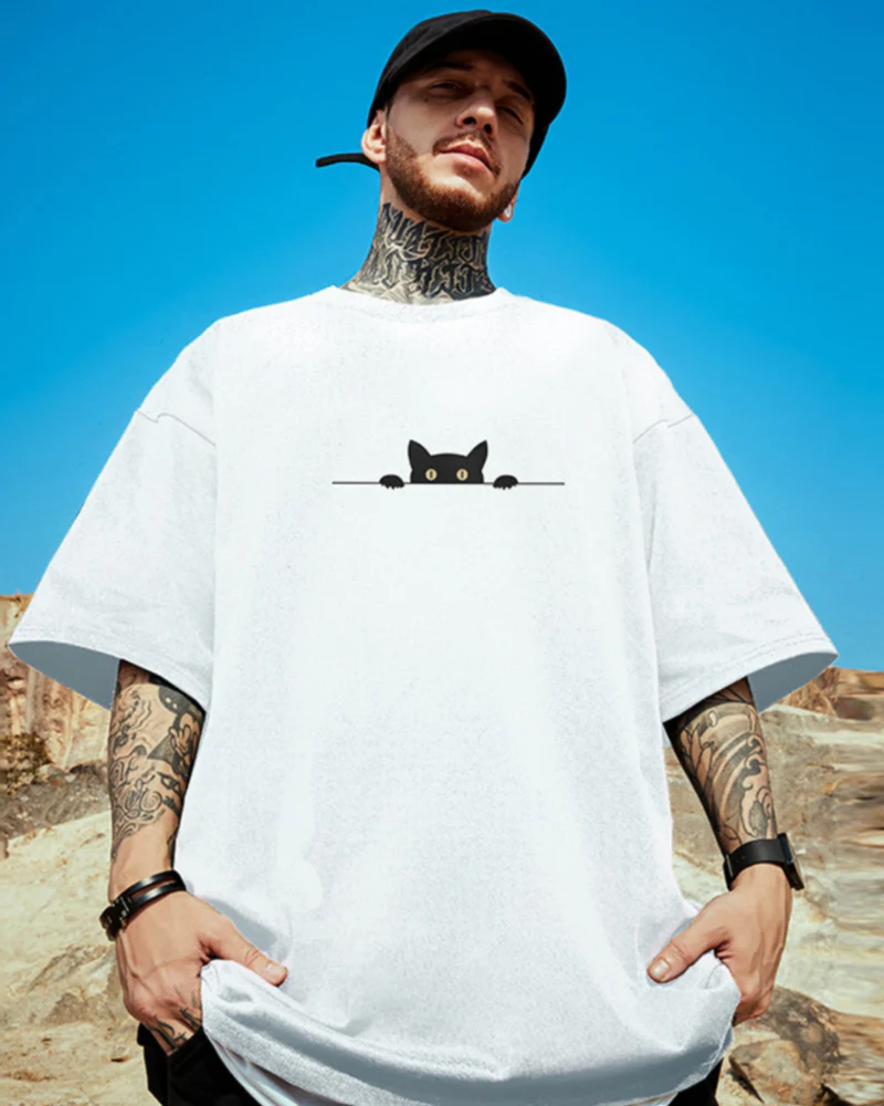 Oversize Streetwear Hide Cat Graphic T-Shirt - Image 6