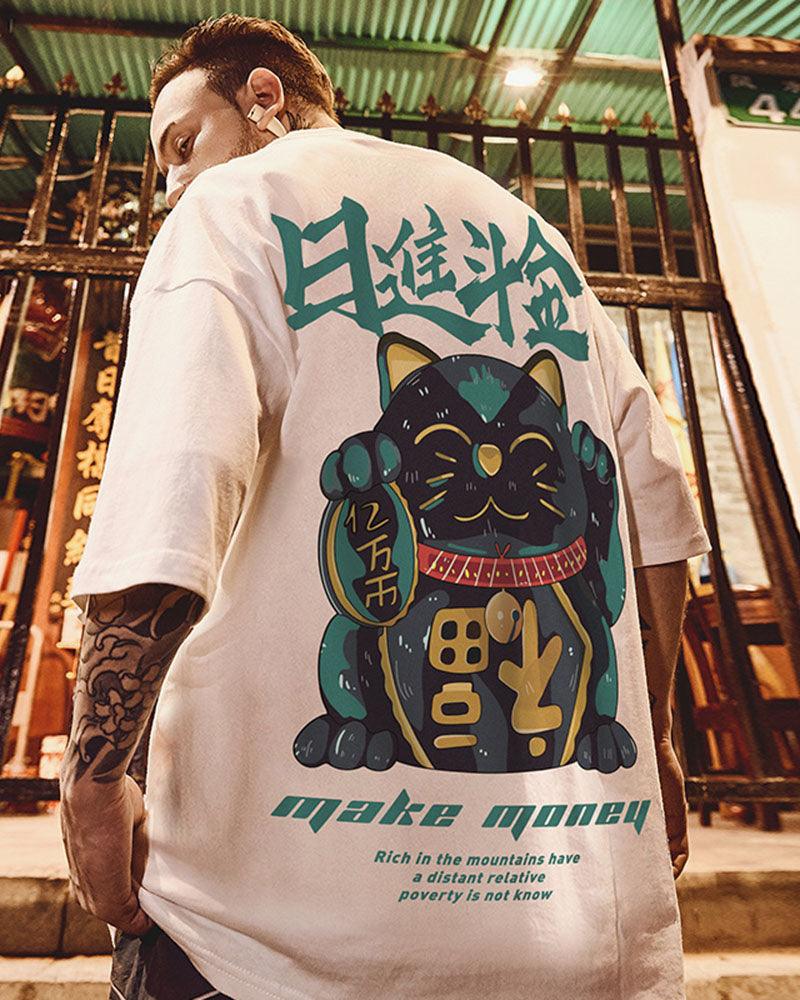 Oversize Streetwear Lucky Cat Graphic T-Shirt - Image 6