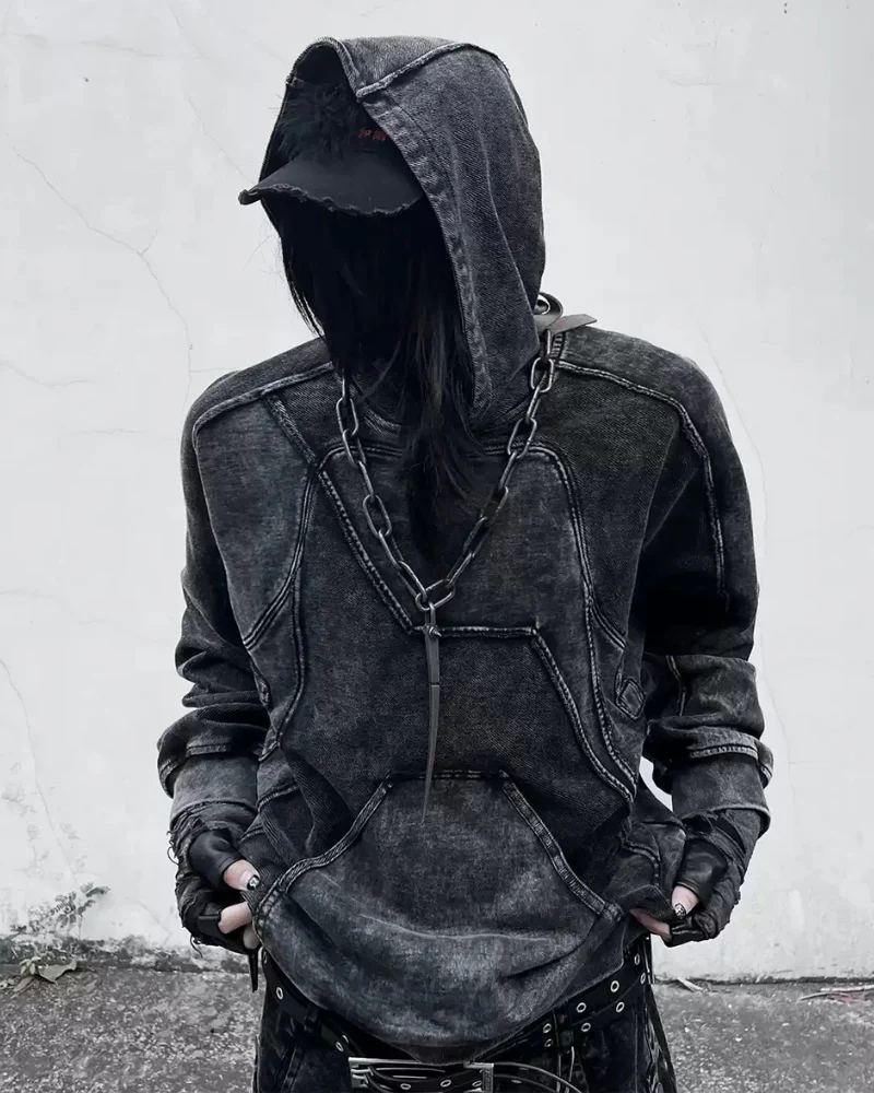 Post-Apocalyptic Geometric Panel Split Distressed Hoodie - Image 2