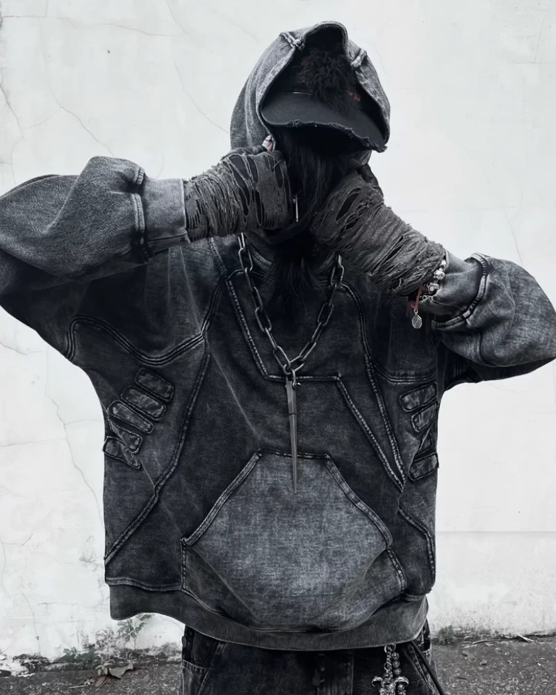 Post-Apocalyptic Geometric Panel Split Distressed Hoodie - Image 3