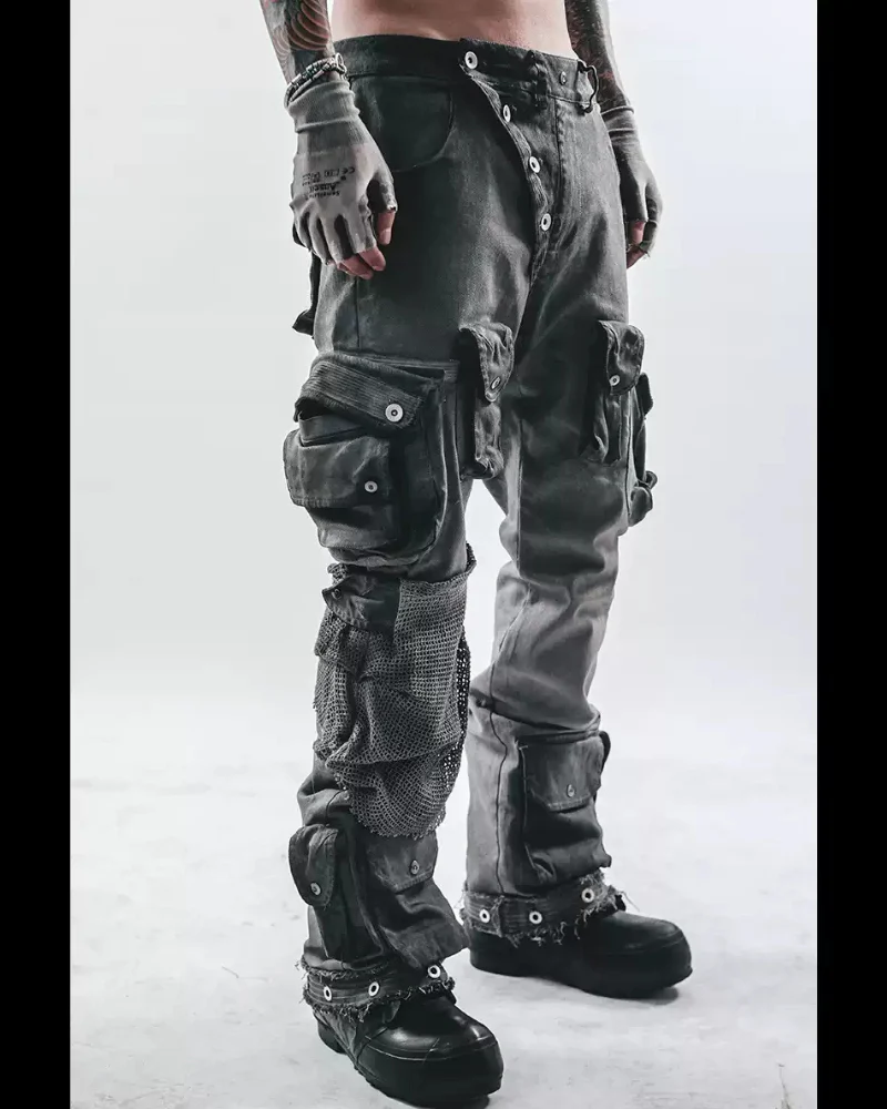 Post-Apocalyptic Washed Asymmetrical Multi-Pocket Flare Cargo Pants - Image 2