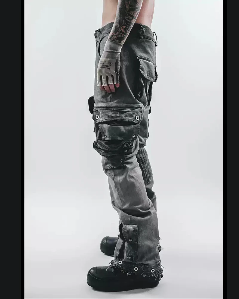 Post-Apocalyptic Washed Asymmetrical Multi-Pocket Flare Cargo Pants - Image 3