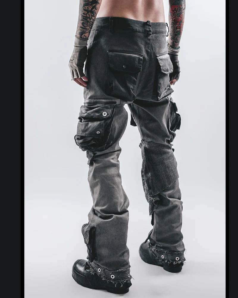 Post-Apocalyptic Washed Asymmetrical Multi-Pocket Flare Cargo Pants - Image 4
