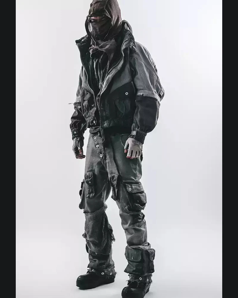 Post-Apocalyptic Washed Asymmetrical Multi-Pocket Flare Cargo Pants - Image 5