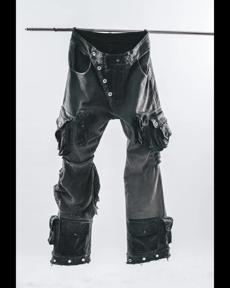 Post-Apocalyptic Washed Asymmetrical Multi-Pocket Flare Cargo Pants - Image 8