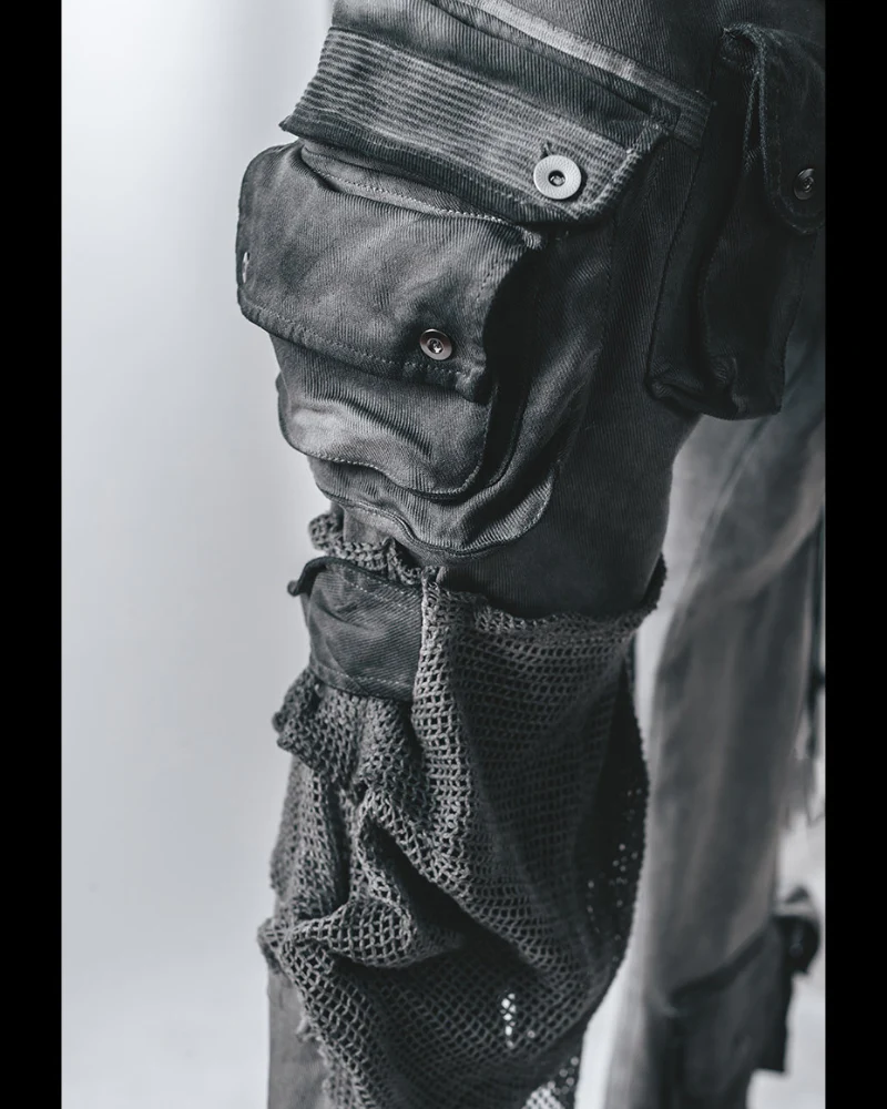Post-Apocalyptic Washed Asymmetrical Multi-Pocket Flare Cargo Pants - Image 9