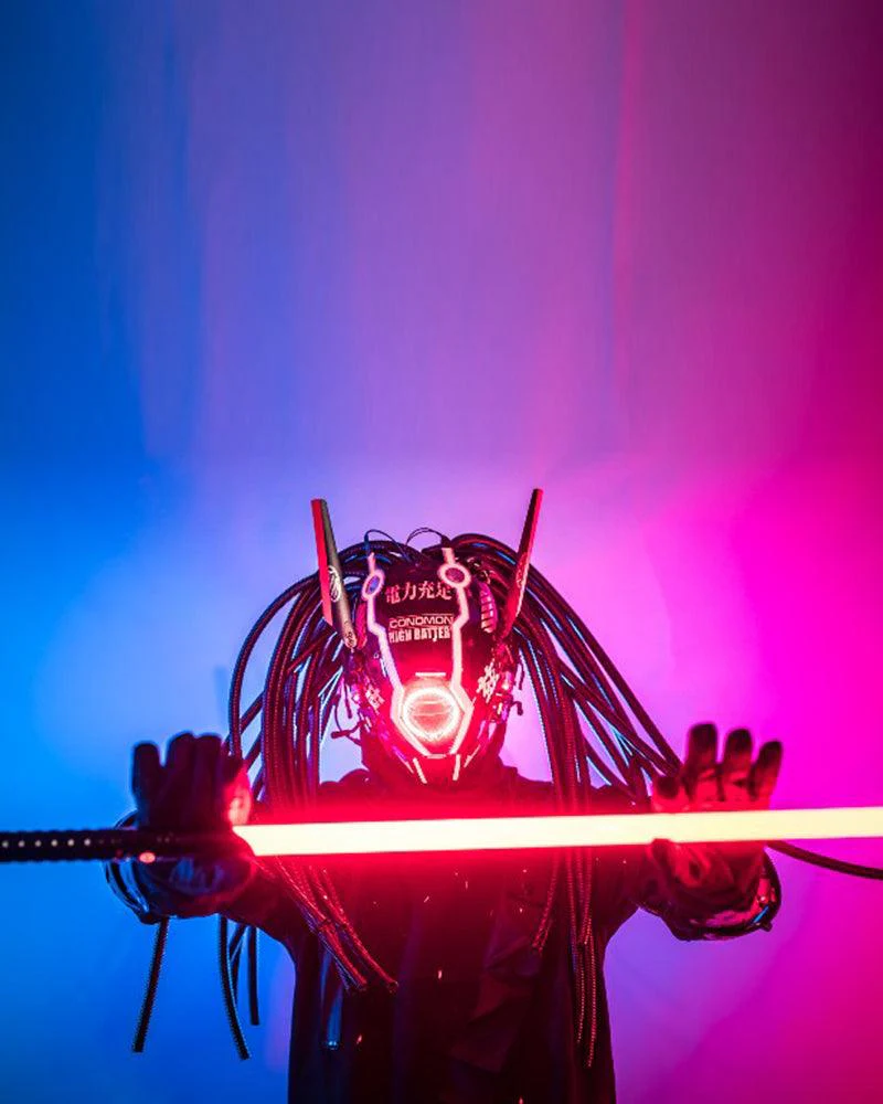 Samurai Dreadlocks LED Cyberpunk Helmet Mask (LEDs available in 7 colors) - Image 3