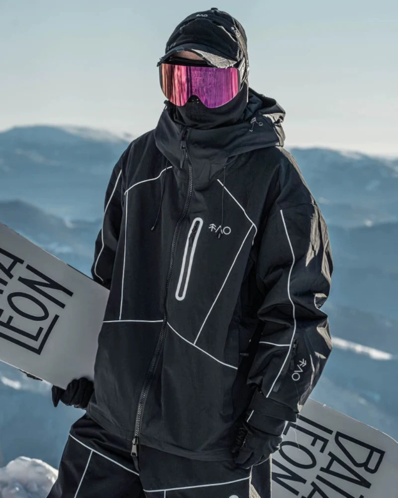 Ski Wear Black Reflective Waterproof Windproof Oversize Ski Suit - Unisex - Image 7