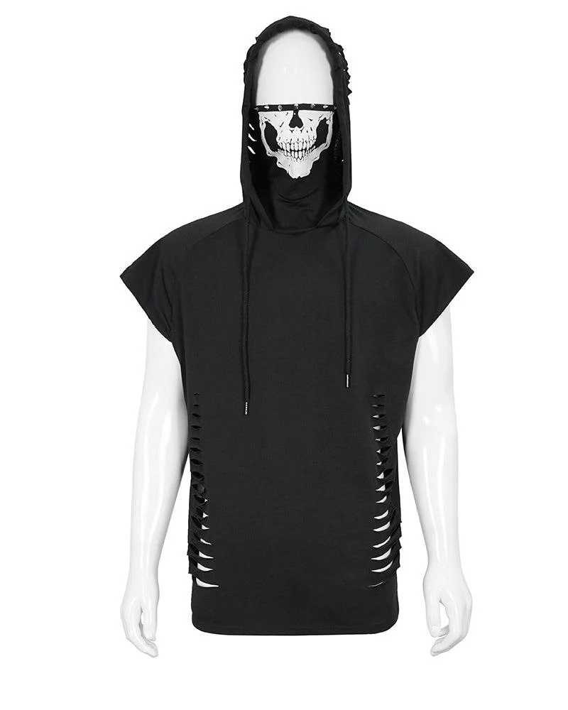 Skull Mask Tattered Sleeveless Hooded Muscle Shirt - Image 10