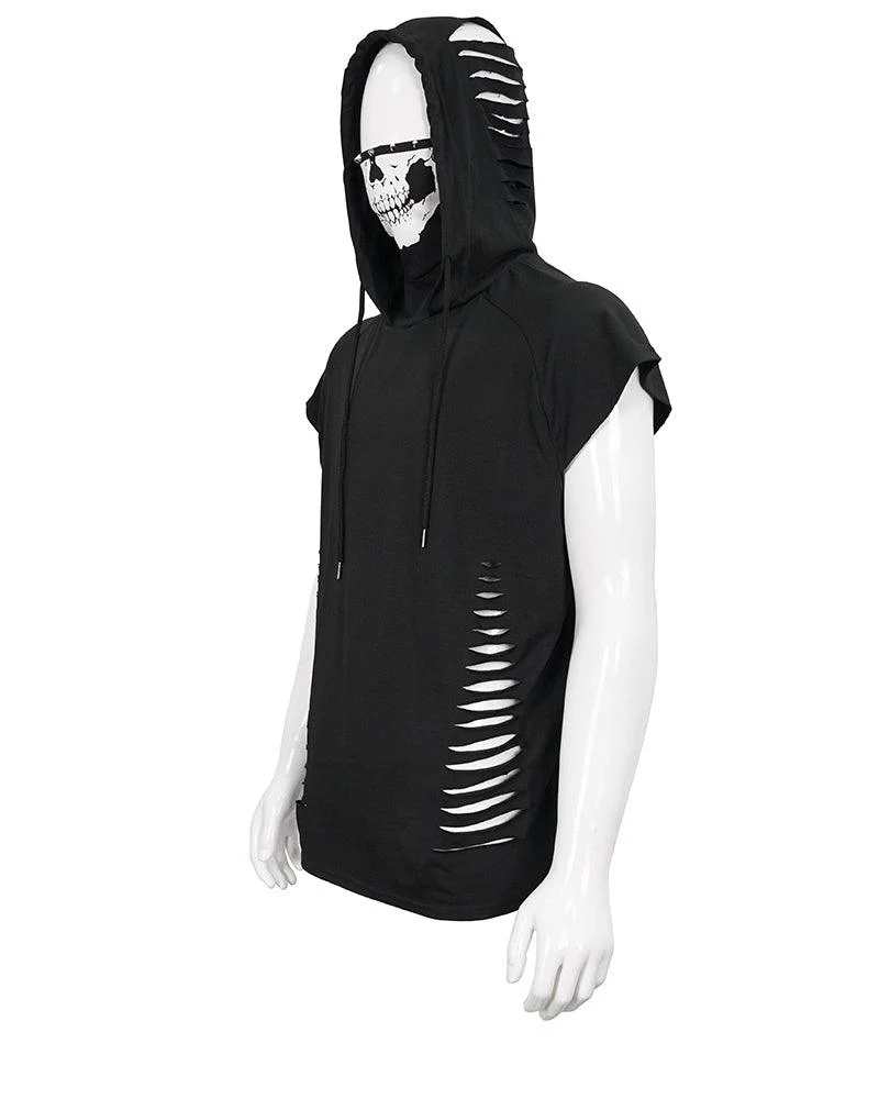 Skull Mask Tattered Sleeveless Hooded Muscle Shirt - Image 11