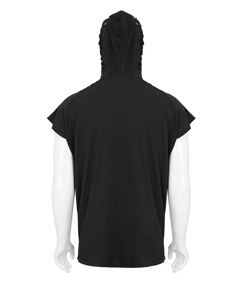 Skull Mask Tattered Sleeveless Hooded Muscle Shirt - Image 12