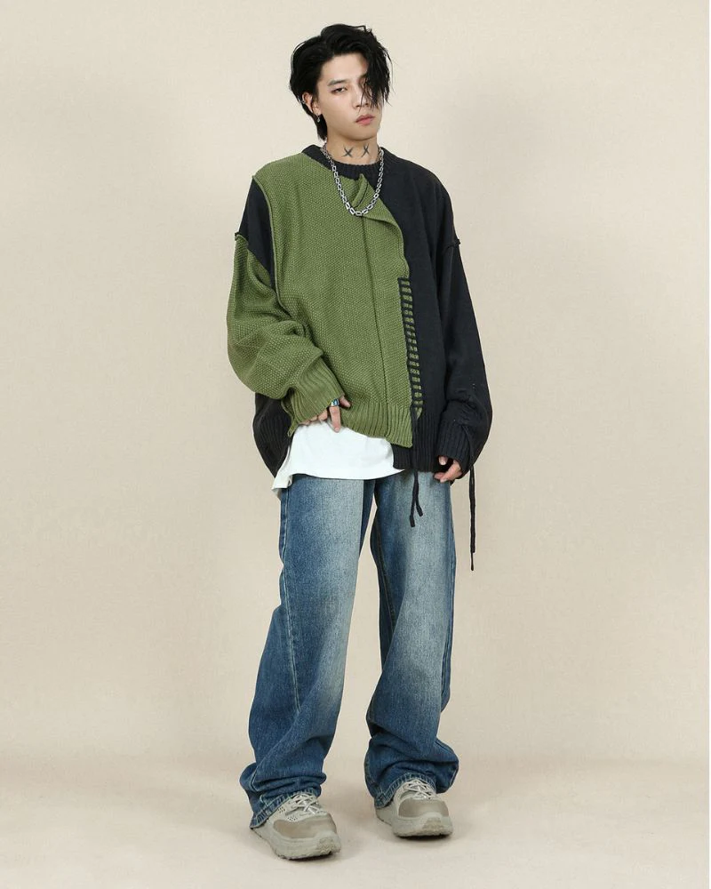 Stitching Patchwork Round Neck Sweater - Image 10