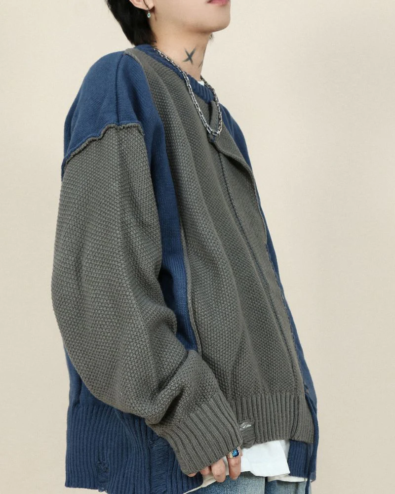 Stitching Patchwork Round Neck Sweater - Image 6