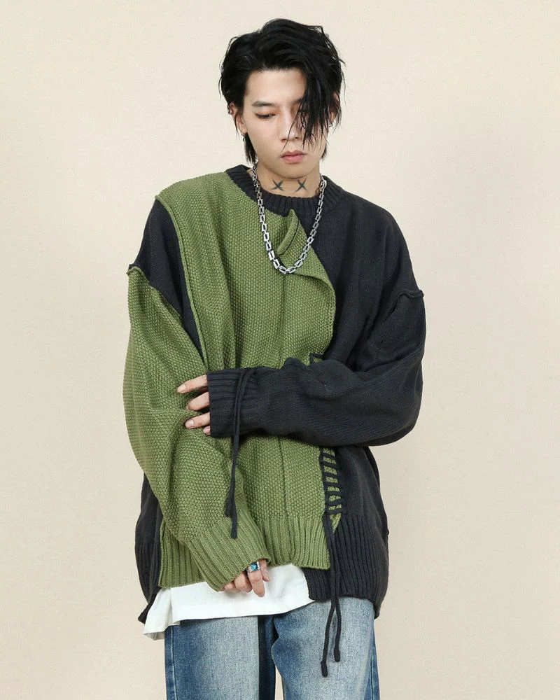 Stitching Patchwork Round Neck Sweater - Image 8