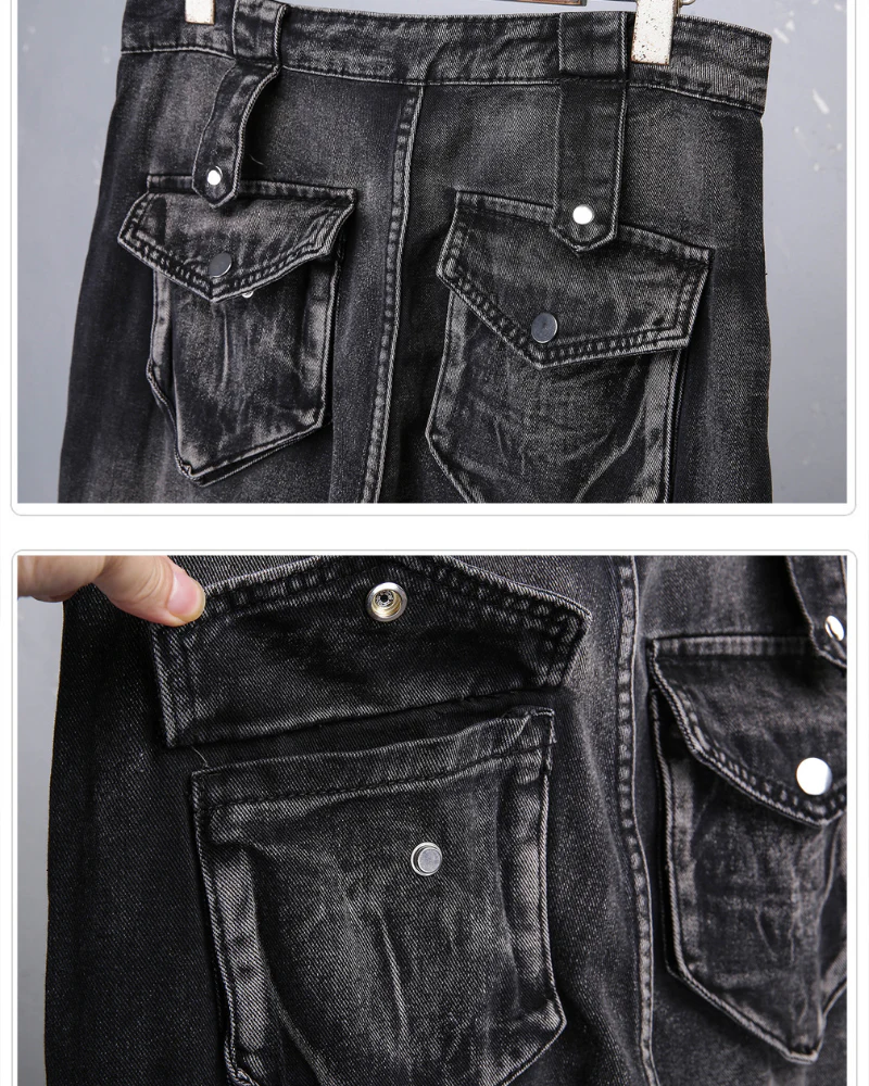 Street 3D Multi-Pocket Washed Cargo Jeans - Image 10