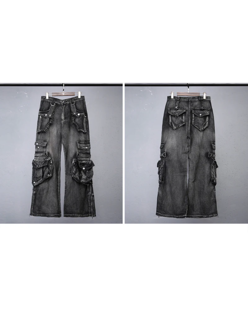 Street 3D Multi-Pocket Washed Cargo Jeans - Image 8