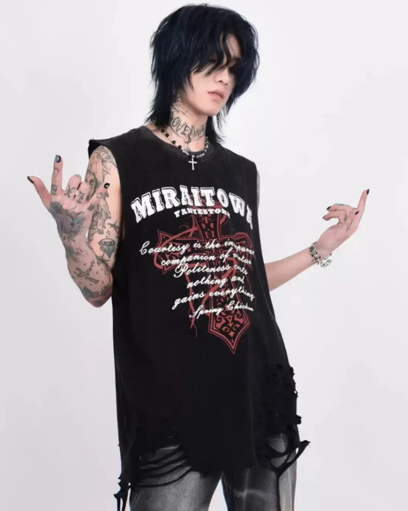 Street Distressed Washed Raw-Hem Sleeveless Shirt - Image 3
