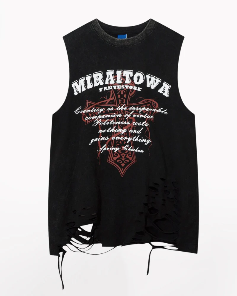 Street Distressed Washed Raw-Hem Sleeveless Shirt - Image 4