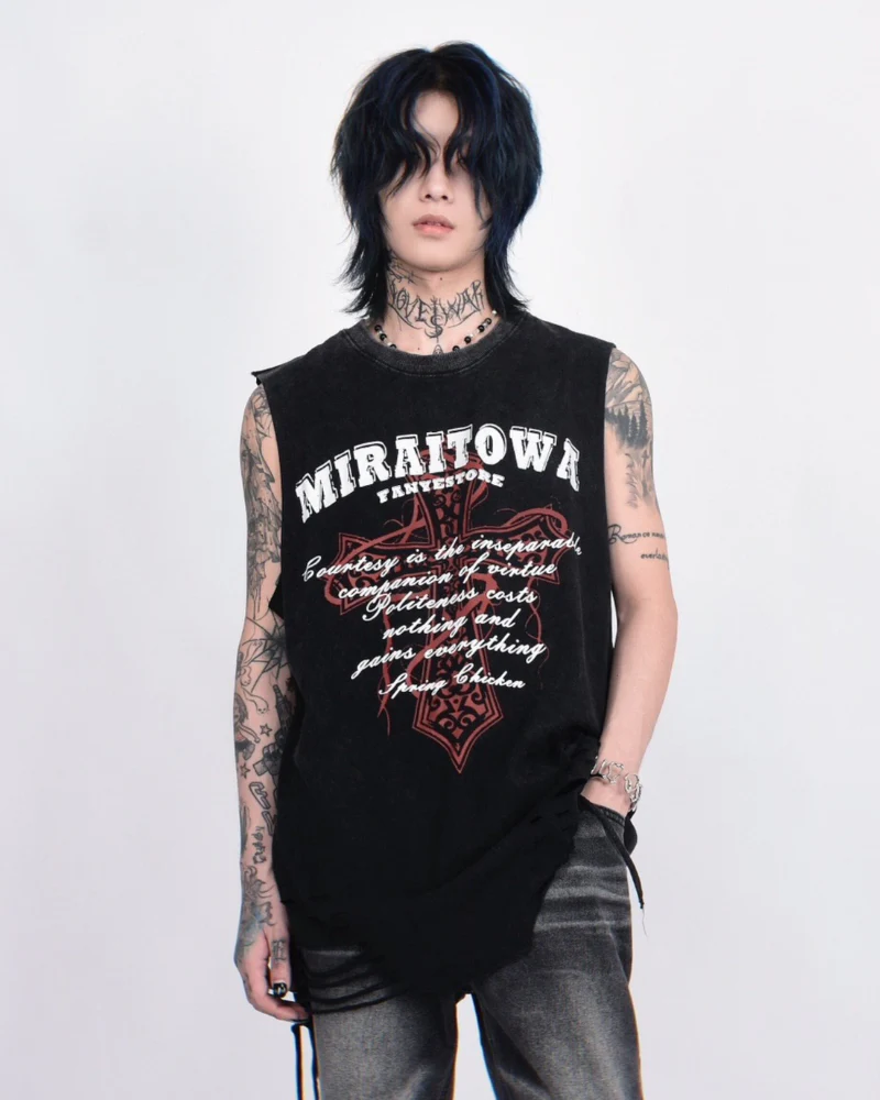 Street Distressed Washed Raw-Hem Sleeveless Shirt - Image 5
