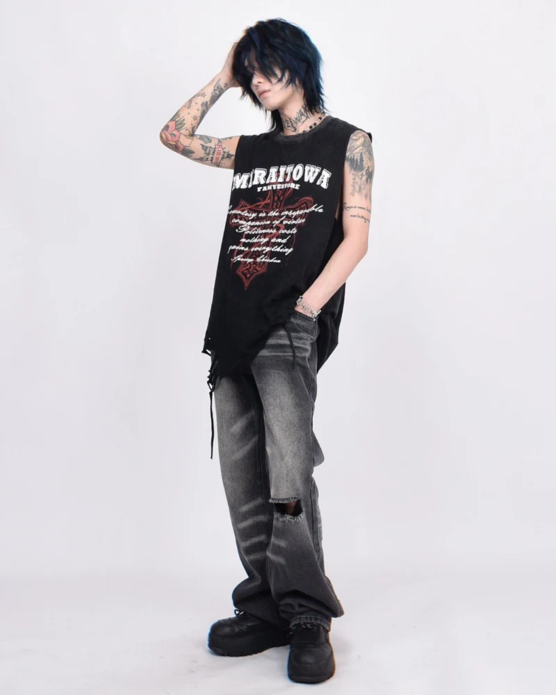 Street Distressed Washed Raw-Hem Sleeveless Shirt - Image 6