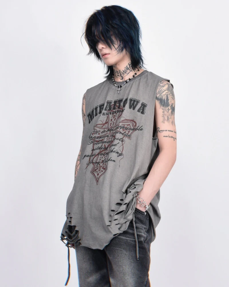 Street Distressed Washed Raw-Hem Sleeveless Shirt - Image 7