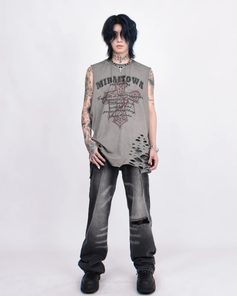 Street Distressed Washed Raw-Hem Sleeveless Shirt - Image 8