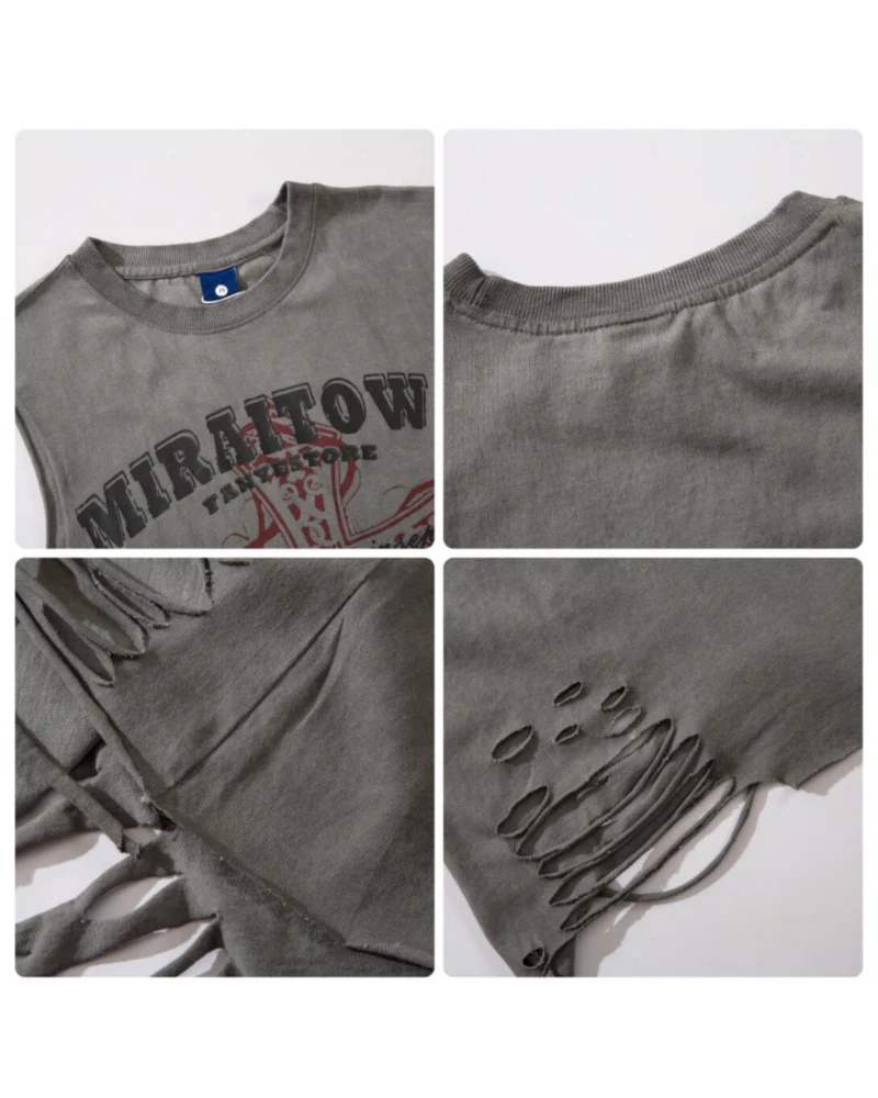 Street Distressed Washed Raw-Hem Sleeveless Shirt - Image 9