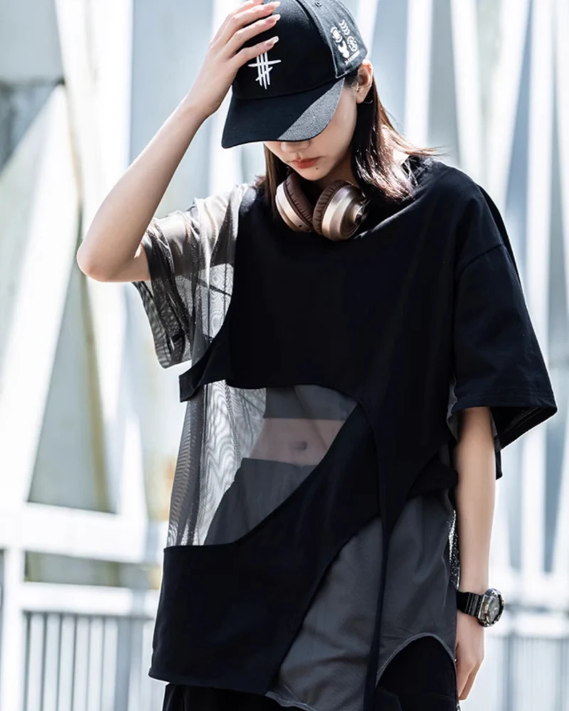 Street Irregular Stitching Hollow T-Shirt - Image 7