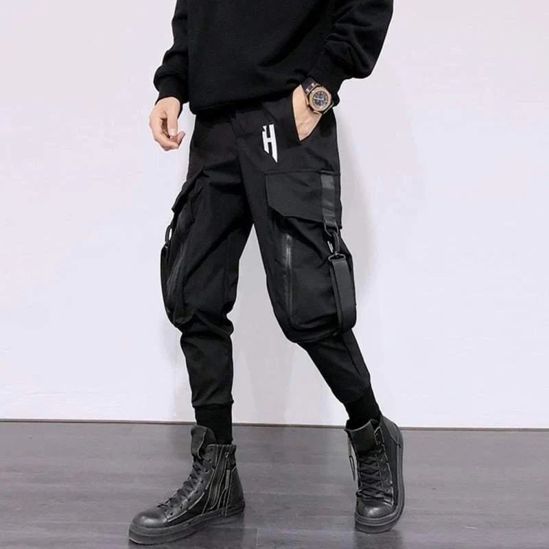 Street Style Techwear Black Slim Fit Cargo Pants - Image 4