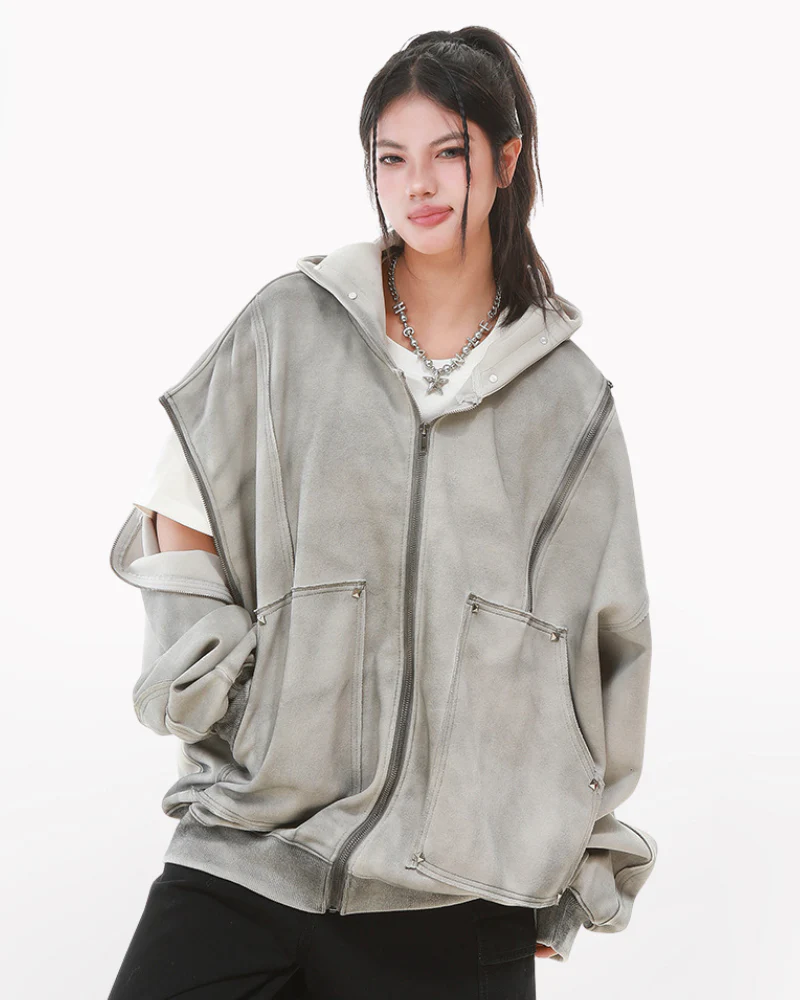 Street Style Washed “Dirty-Dye” Zip-Up Hoodie Jacket - Image 3
