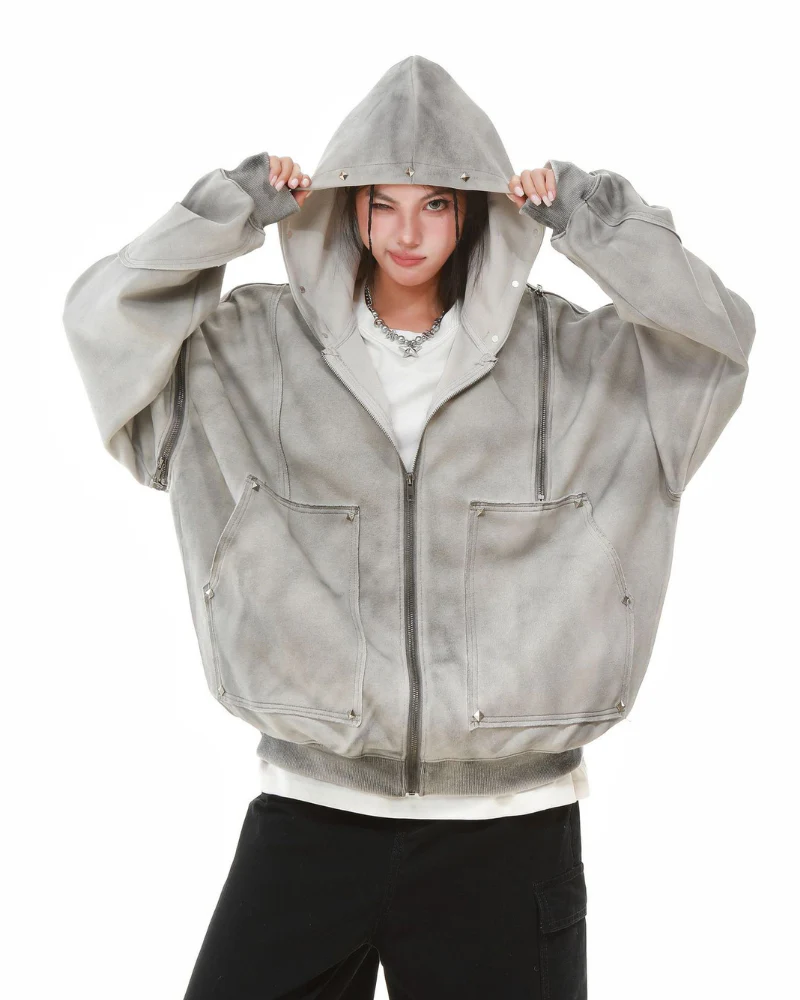 Street Style Washed “Dirty-Dye” Zip-Up Hoodie Jacket - Image 4