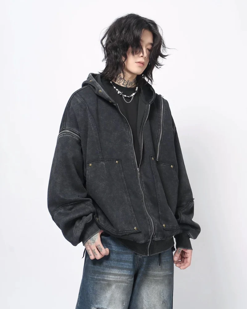 Street Style Washed “Dirty-Dye” Zip-Up Hoodie Jacket - Image 5