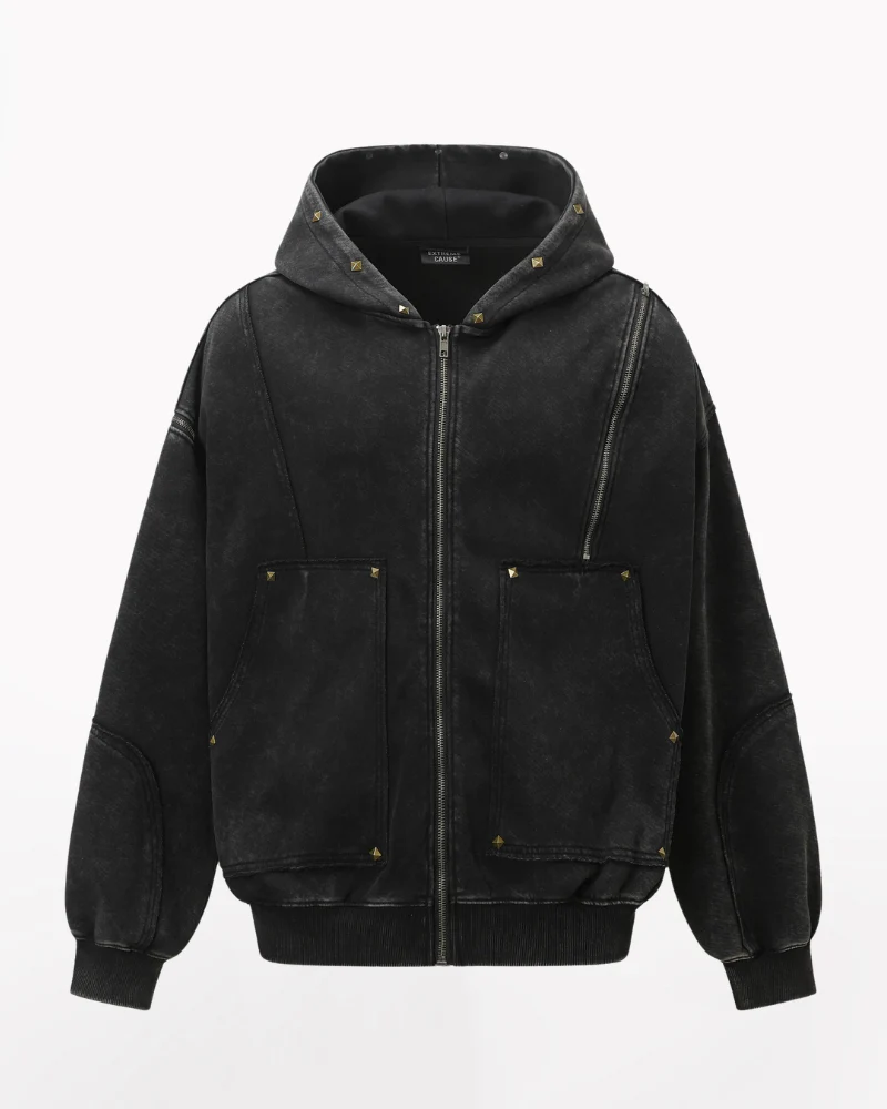 Street Style Washed “Dirty-Dye” Zip-Up Hoodie Jacket - Image 6
