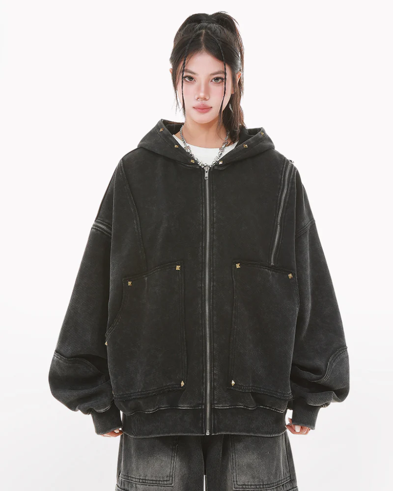 Street Style Washed “Dirty-Dye” Zip-Up Hoodie Jacket - Image 7