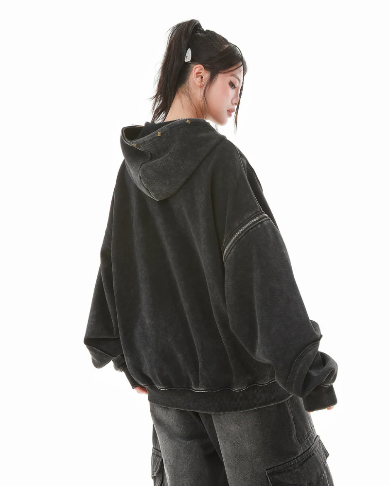 Street Style Washed “Dirty-Dye” Zip-Up Hoodie Jacket - Image 8