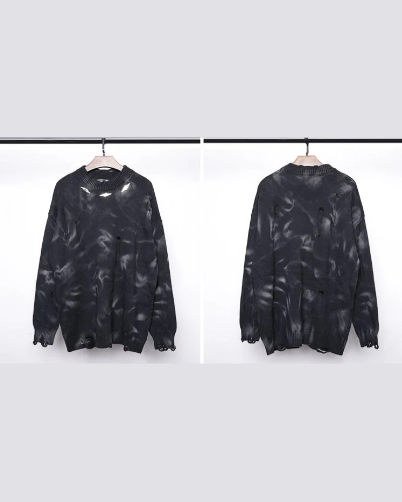 Street-Style Washed Tie-Dye Distressed Sweater - Image 8