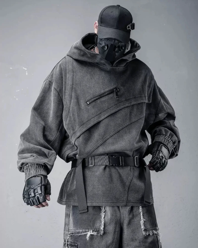Street Vintage-Wash Patchwork Techwear Hoodie - Image 3