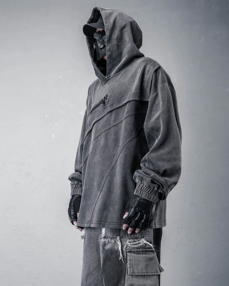 Street Vintage-Wash Patchwork Techwear Hoodie - Image 4