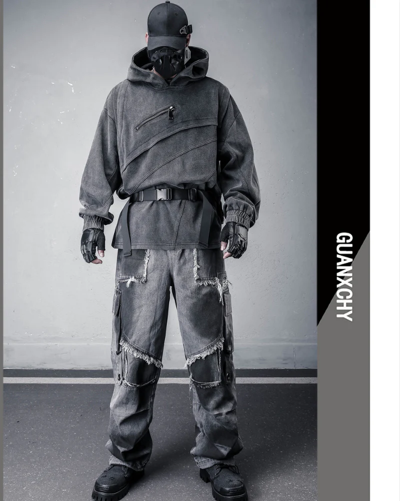 Street Vintage-Wash Patchwork Techwear Hoodie - Image 6