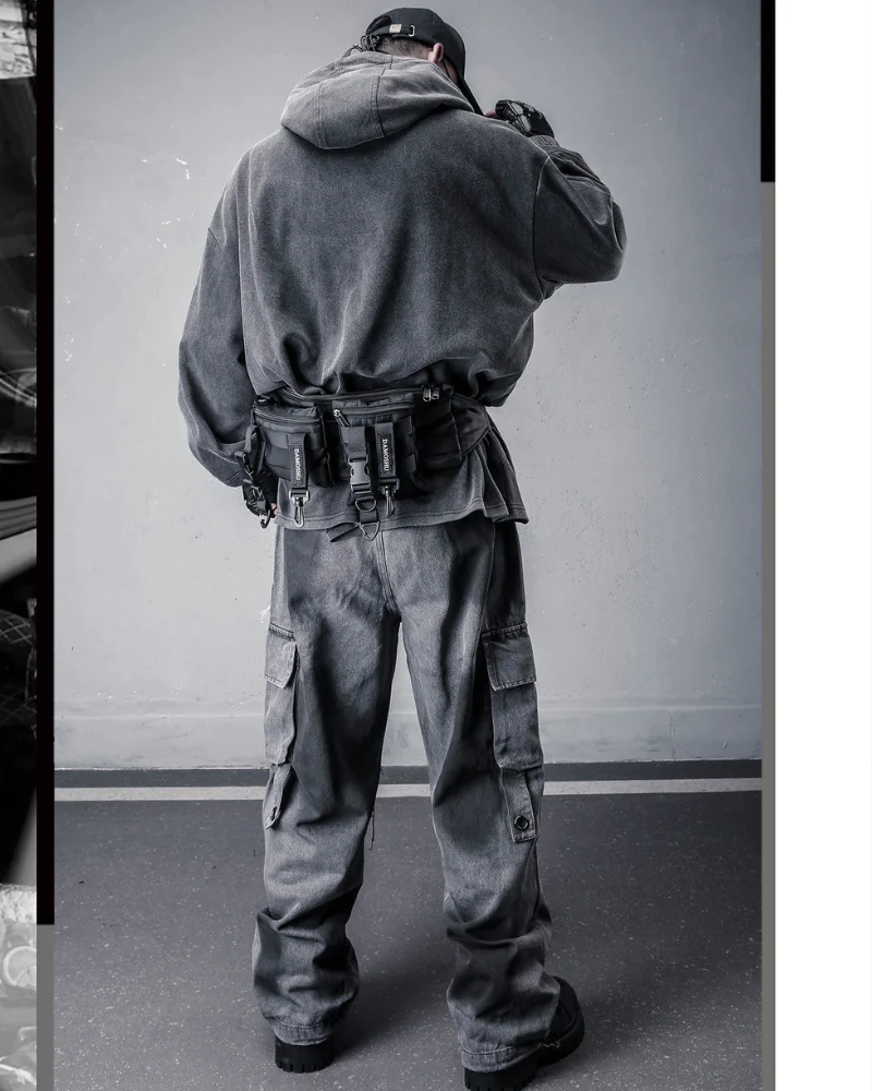 Street Vintage-Wash Patchwork Techwear Hoodie - Image 7