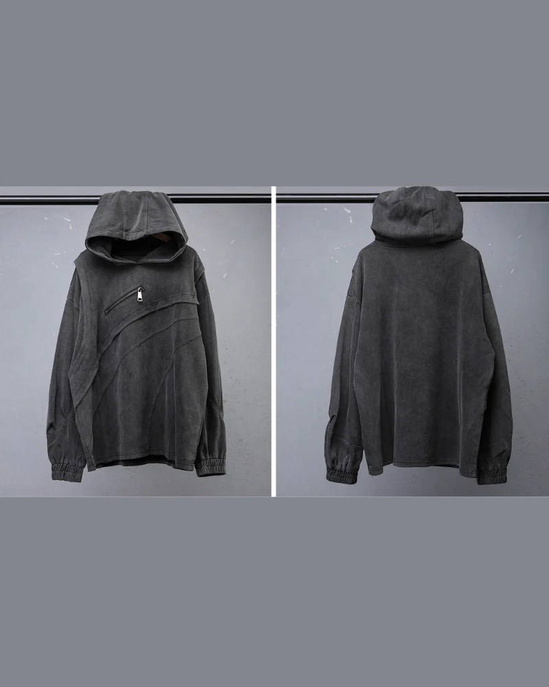 Street Vintage-Wash Patchwork Techwear Hoodie - Image 8