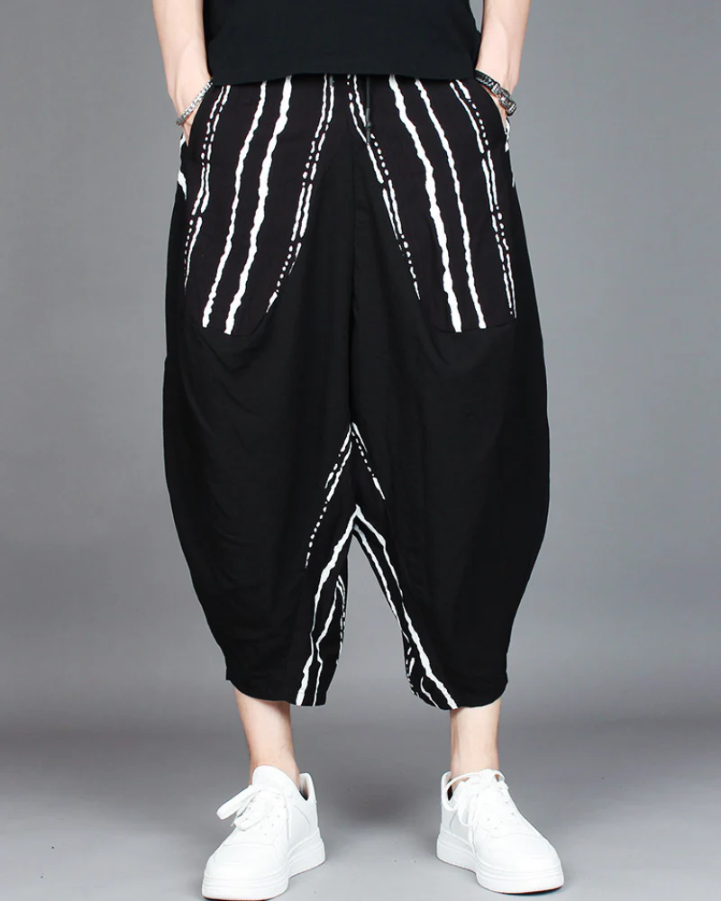Streetwear Contrast Color Harem Crop Hakama Pants - Image 2